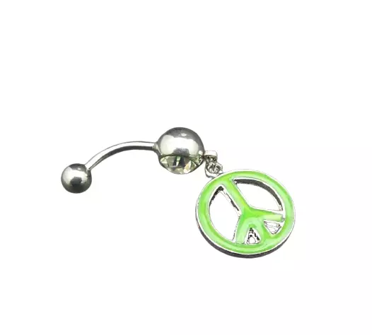 Green Peace Sign Dangle Belly Button Ring Clear CZ Gem Hippie Surgical Steel