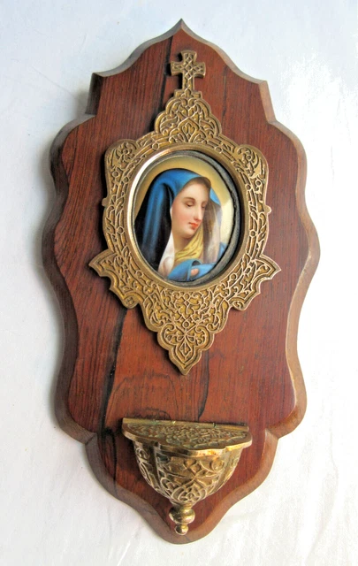 BÉNITIER MARBRE, VERRINE et médaillon métal argenté signé L. MORICE: La Vierge EUR 25,00