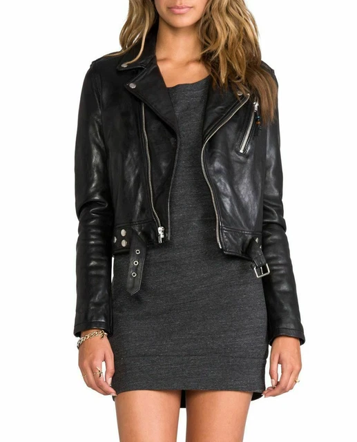 Donna Pelle Giacca Moto Corto 100% Vera D'Agnello Morbida Nera Biker Cappotto