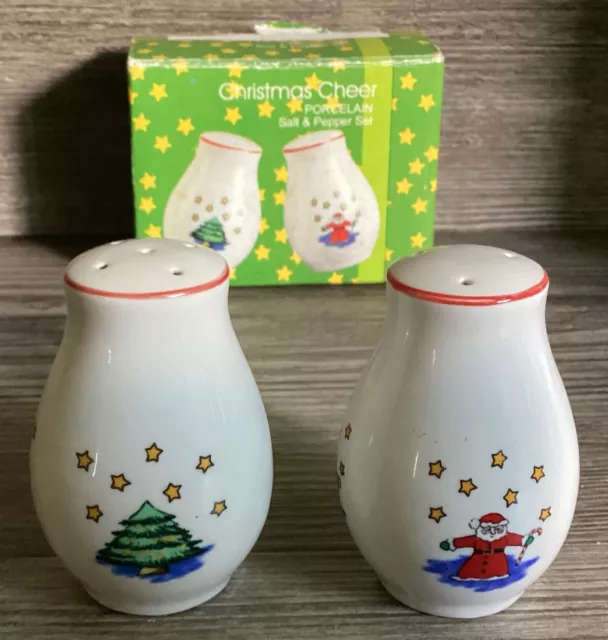 Christmas Cheer Porcelain Salt & Pepper Shakers Set in Box Xmas Tree & Santa