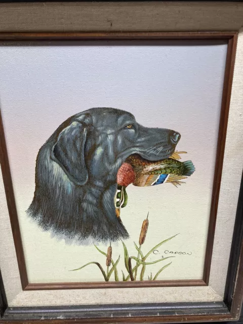 C. Carson Vintage Dog Hunting Mallard Duck Oil Print On Canvas Framed Rare