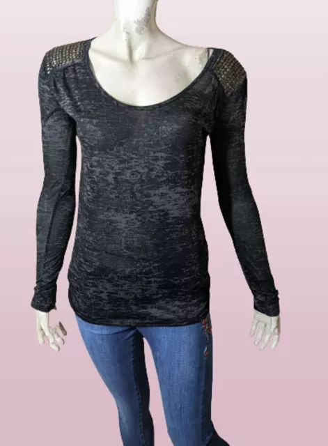 💕 Ikks Taille 38 💕Superbe haut top tee shirt manches longues noir gris femme