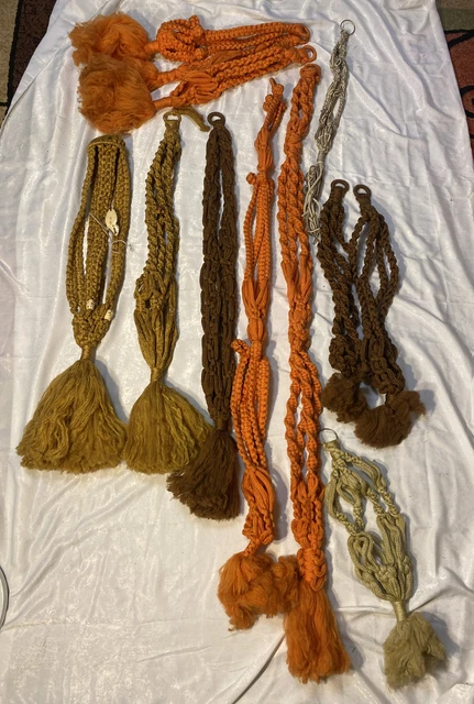 Vintage Macrame Plant Hanger Holder 39"L Ceramic Butterfly & Beads 8