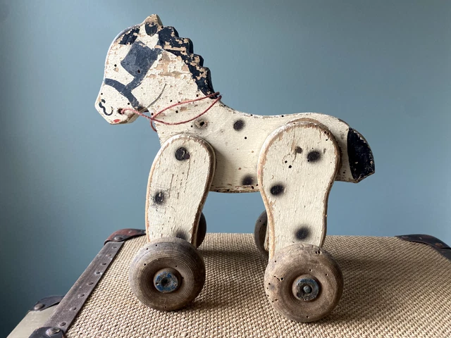 Jouet Ancien En Bois - Cheval Et Charrette à Tirer - Tchécoslovaquie - Occasion