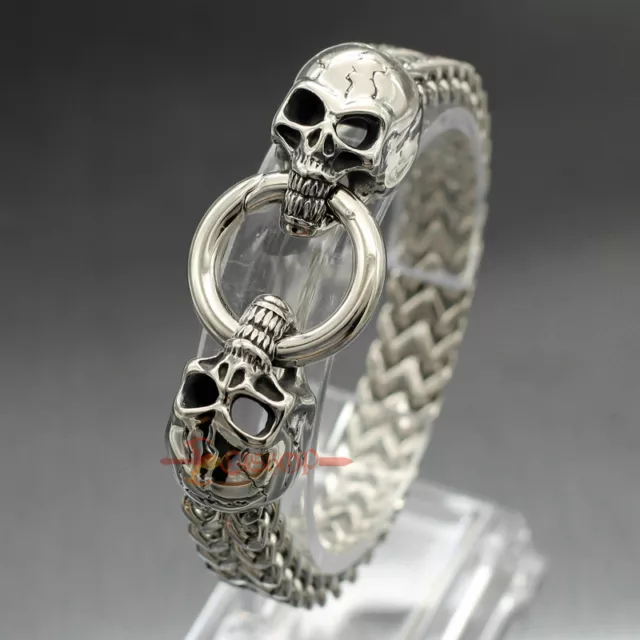 Stainless Steel Gothic Skull Cuban Franco Chain Men's Punk Biker Bracelet Bangle