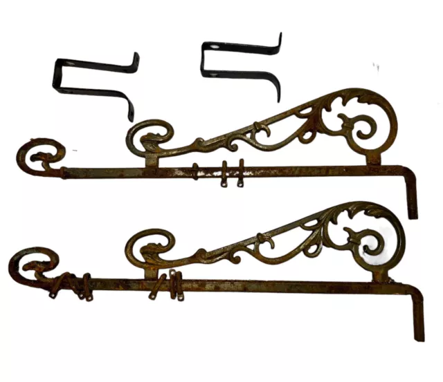 Lot of 2 antique ornate Curtain Rods Cast iron Swing Arm extendable + Brackets