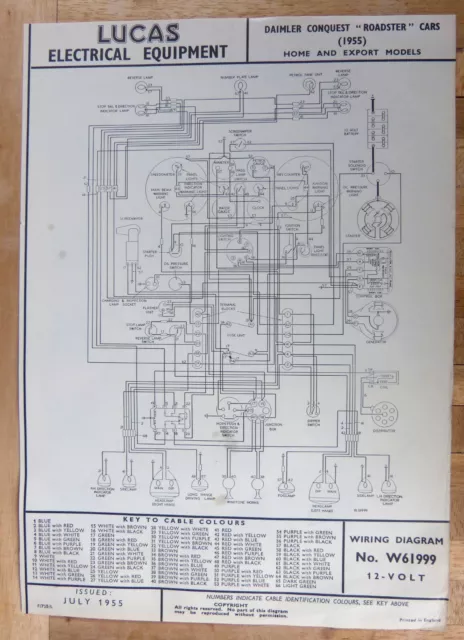 Original LUCAS Daimler Conquest Roadster Wiring Diagram 1955 W61999.