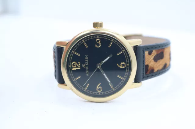 Womens Anne Klein 10/9072 Gold Tone Black Leapord Print Leather Watch New Batt