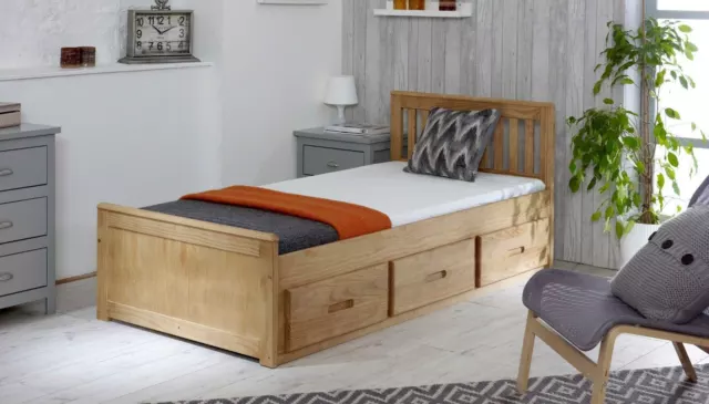 Storage Bed with Drawers White or Wooden Pine or Grey Single or Double Mattress
