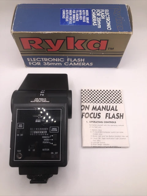 Vintage Ryka Electronic flash for 35mm cameras￼￼ 500AF With Box / Manual Tested