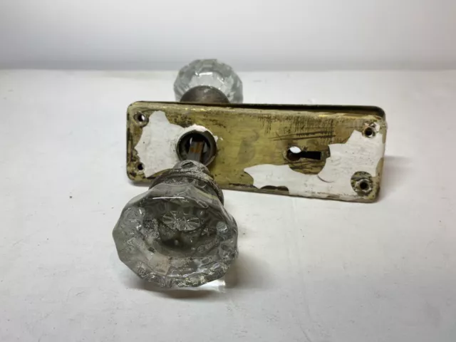 Antique Crystal Glass 12 Point Door Knob Set With Pair Of Brass Back Plates