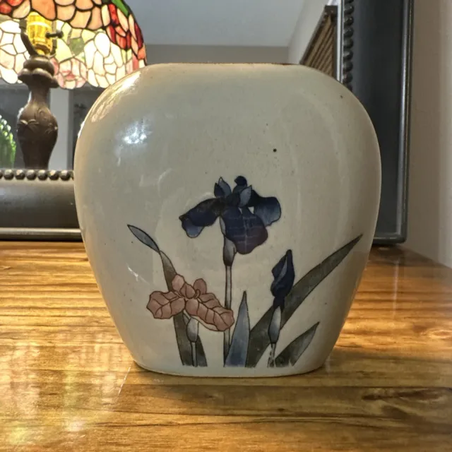 Otagiri Vase Beige Ceramic Floral Iris Glossy Finish Oval Shape Beautiful Retro