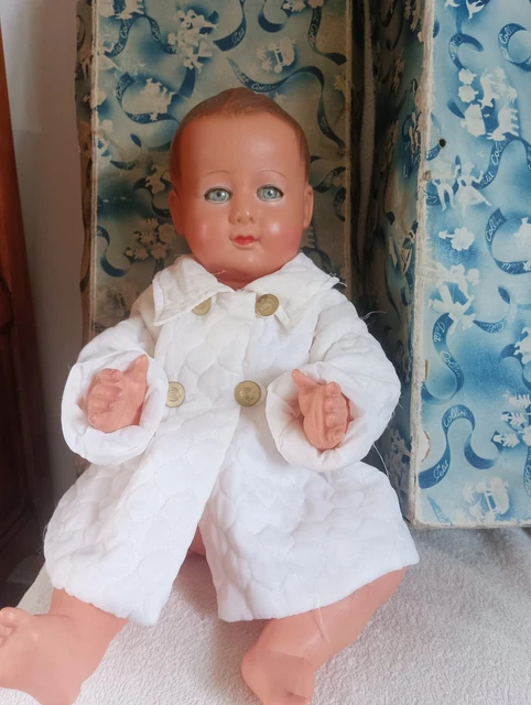 Ancien Baigneur Bébé Raynal - Yeux Riboulants, Corps Tissu - 44 Cm - France