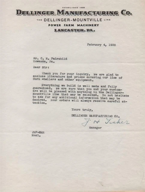 580 - 1938 Letterhead, Dellinger Manufacturing Co. Lancaster, PA
