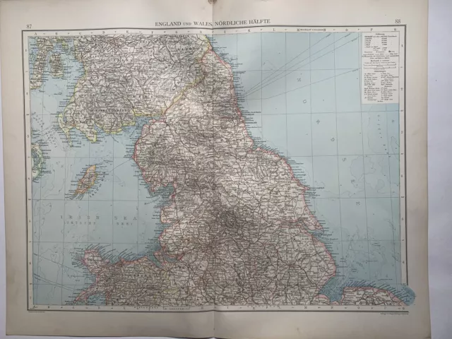 1899 North England & Wales Original Antique Map by Richard Andree