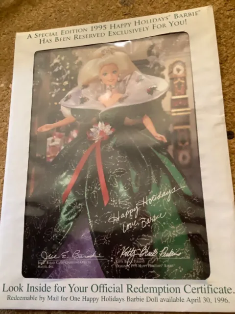 1995 Happy Holidays Barbie redemption certificate in original envelope