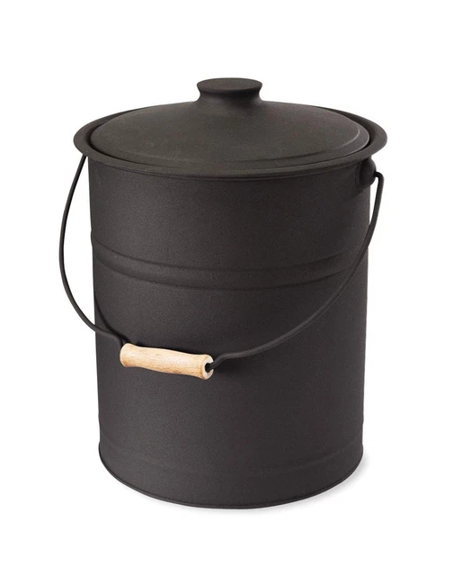 Plow & Hearth 3 Gallon Black Large Ash Bucket with Lid and Wood Handle | 28 G...