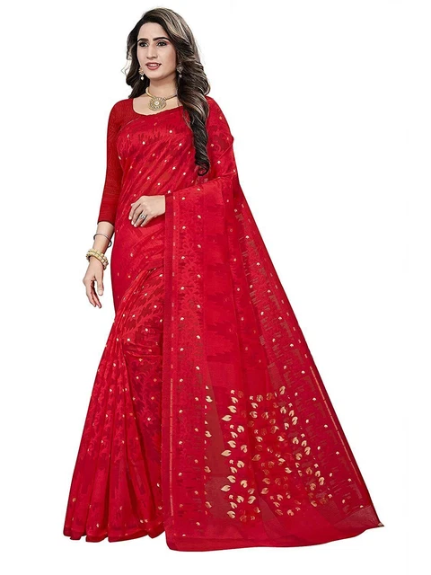 Sari Dhakai Jamdani da donna in morbido cotone intrecciato con camicetta...