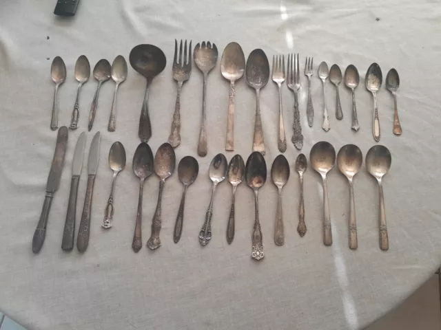 32 Piece Mix Lot of Vintage Silverplate Silverware Mix Brands Forks Spoons