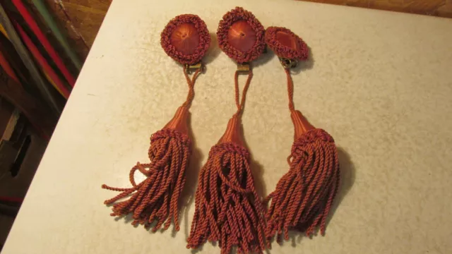 3 Antique Picture Molding Hooks Satin Rosettes & Tassels - Mauve