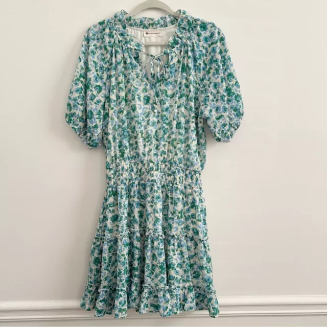 The Impeccable Pig Floral Ruffle Dress in Blue / Green size Large Smocked Tie