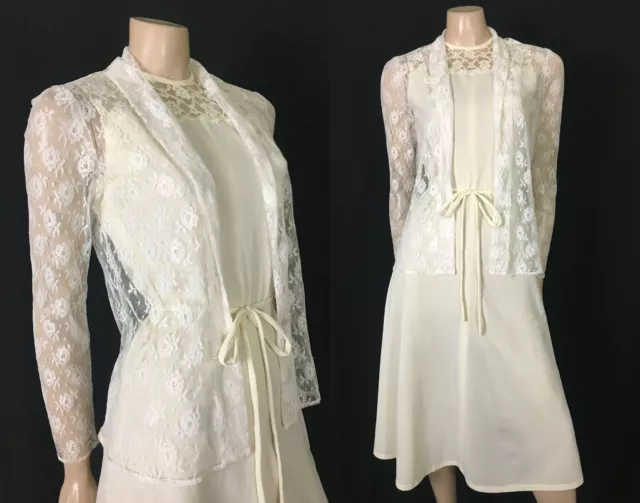 VINTAGE Cream MESH LACE 1970's 70s TIE WAIST 2 Piece Set TOP & DRESS size XS-S