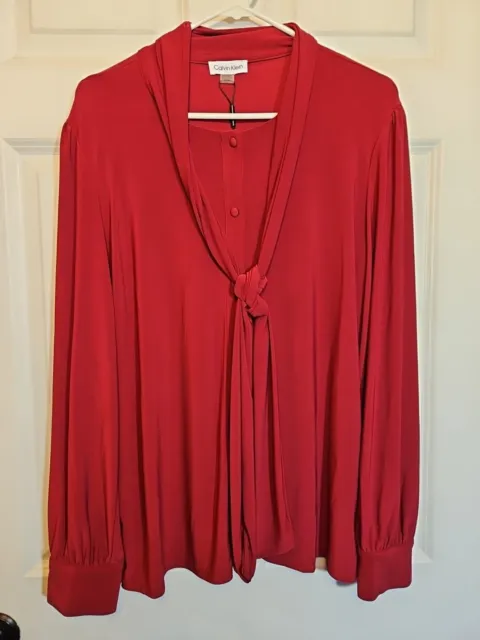 CALVIN KLEIN WOMEN'S Large Red Blouse Tie Neck Long Sleeve Red $24.37 ...