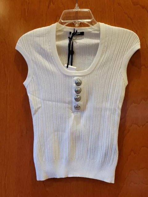 Balmain White Knit Top Shirt Silver Logo Buttons Size 38 small NWT $1160 Cropped