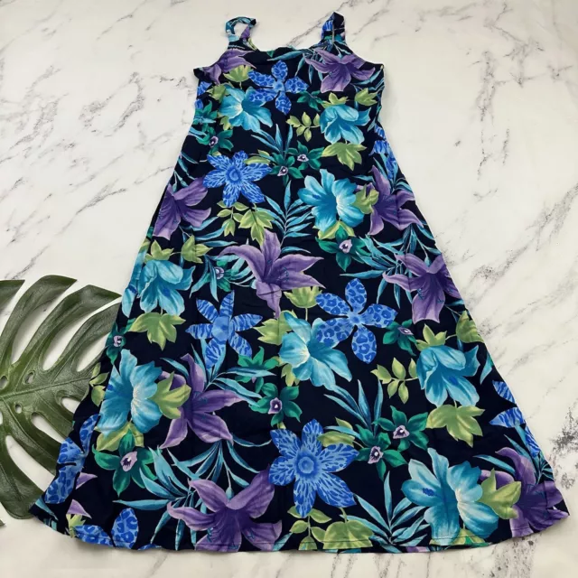 Hilo Hattie Womens Midi Dress Size L Purple Blue Tropical Floral Slip Hawaiian