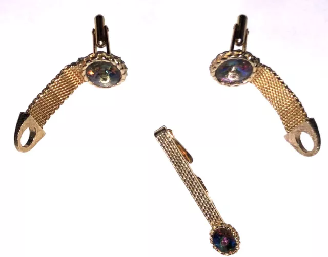 Vintage Gold Tone Watermelon Rhinestone Cuff links And Tie Clip Set