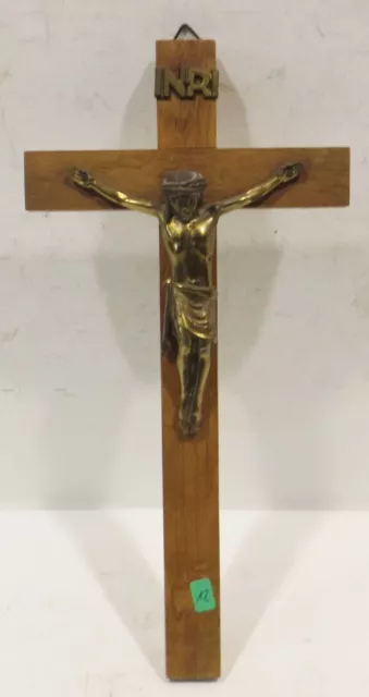 Antiguo de Madera Marrón Crucifijo, Wandkreuz Con Metal Jesús Escultura Inri -