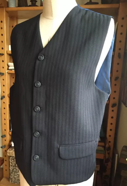 Gilet Vintage Taglia 40" Grigio Petto Misto Lana Blu Navy A Righe Raso Posteriore