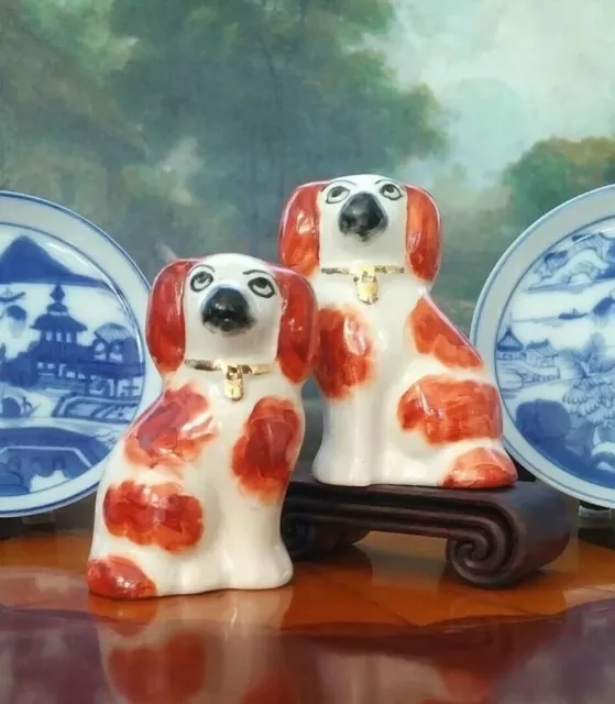 Darling Rare Small 19C English Staffordshire Spaniel Fox Hunt Mantle Dog Pair 3”