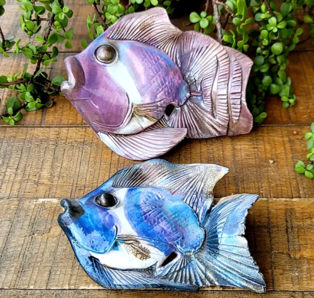 Vintage Pottery Pair Fish Iridescent Lavender Wall Hanging Beach House Decor 7"W