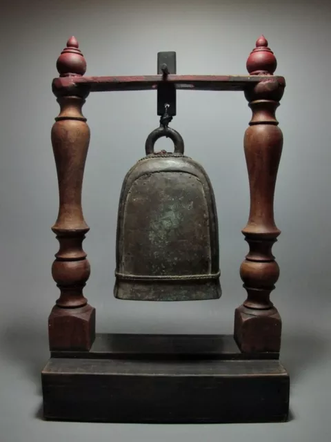 Vintage Thai Bronze Bell Of Elephant & Wood Stand Top Spigot Figure 19/20Th C