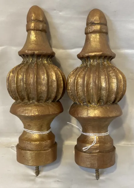 NOS Large Vintage Gold Gilt Curtain Rod Finials Pair 8.5"x3" Set of 2 Screw On
