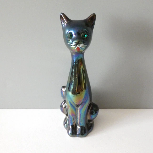 Vintage Petrol Lustre Cat Ornament Figurine Green Rhinestone Eyes Kitsch Cute