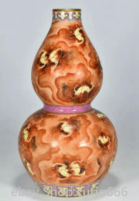 10.2"Old Qianlong Year Alum red glaze porcelain Gilt Bat Pattern Bottle Pot Vase