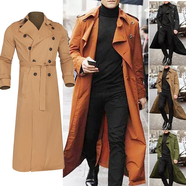 Mens Trench Coat Slim Fit Double Breasted Long Jacket Lapel Fall Windproof Coat