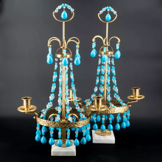 Pair Antique Blue OPALINE GLASS Bronze Candelabras Candlesticks French? set 2