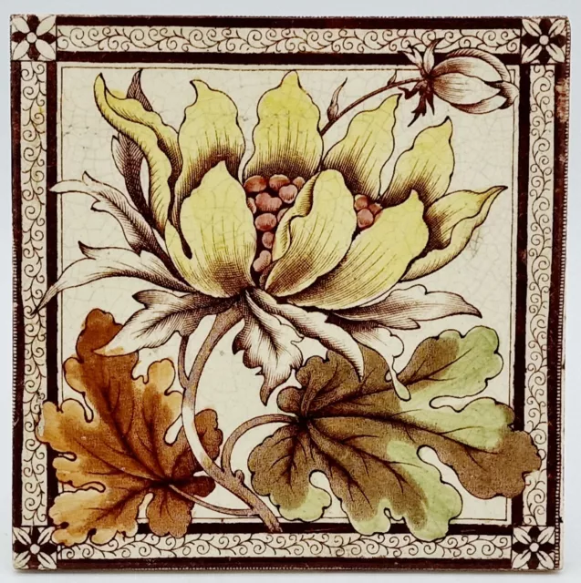 Antique Fireplace Tile Transfer-Print & Tint Floral Design Marsden C1895 AE3