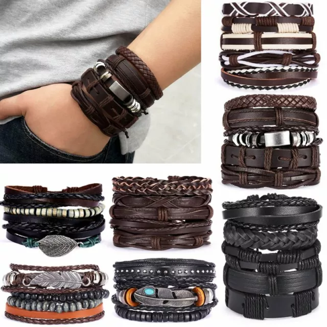 Retro Mens Handmade Punk Wristband Cuff Bracelet Bangle Leather Wrap Braided