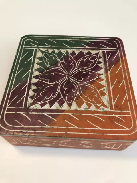 Colorful HAND CARVED African SOAP STONE Trinket Box