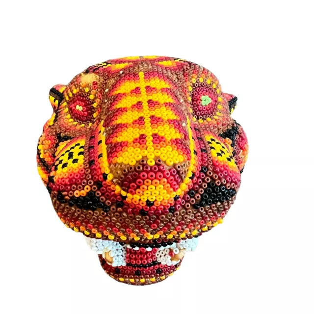 Huichol Beaded Jaguar Panther Head Artist Signed Mexican Folk Art 5"x4.5"x4"