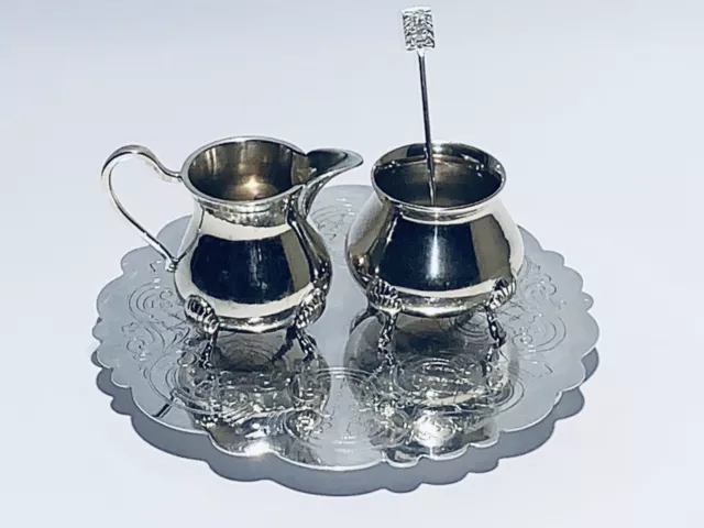 Stunning Set of Mini EPNS Silver Plated Sugar Caddie & Creamer, Spoon & Tray