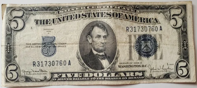 1934 Five Dollar Silver Certificate $5 Bill Blue Seal Note