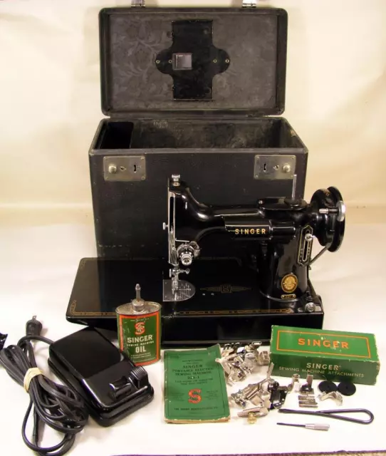 Vintage 1955 Singer 221-1 Featherweight Sewing Machine Plus Accessories