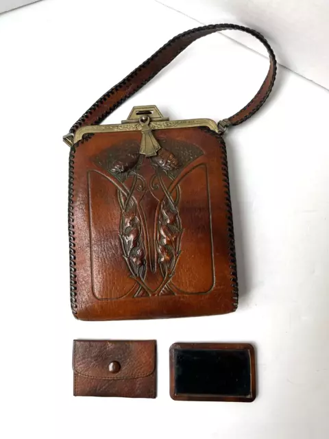 Vintage Hand Tooled Leather Art Deco Purse Bag Leather Stitching Early 1900s