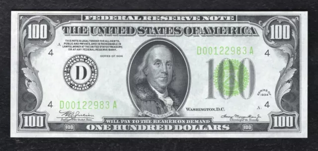 Fr. 2152-D 1934 $100 Lgs Light Green Seal Frn Cleveland, Oh Choice Uncirculated.