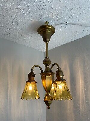 ANTIQUE EARLY ELECTRIC,VICTORIAN 1910's BRASS CHANDELIER